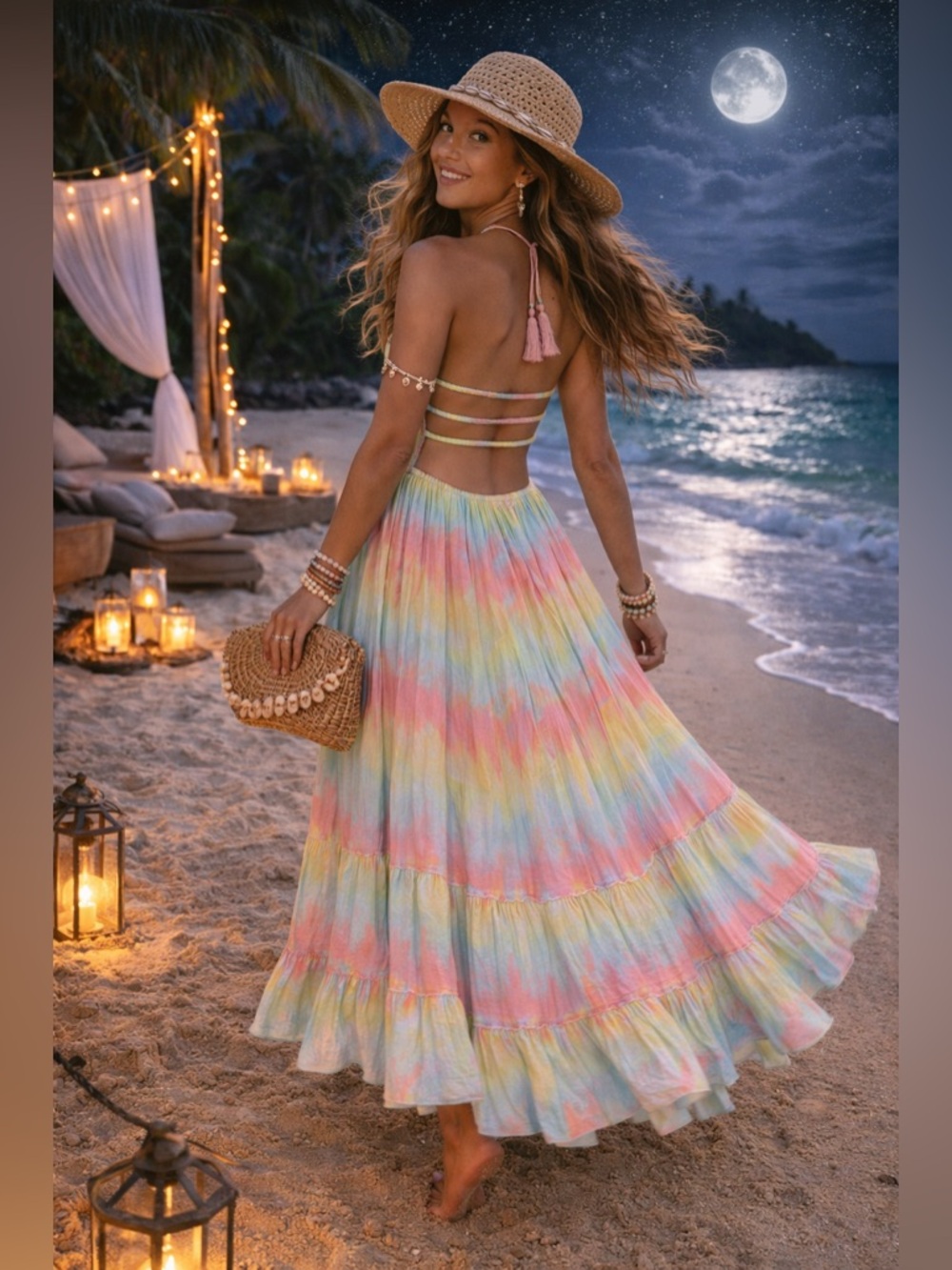 🌺 Tiare Hawaii Naia Smocked Halter Maxi Dress Bali Summer Boho Beach Resort ☀️ - Picture 3 of 12